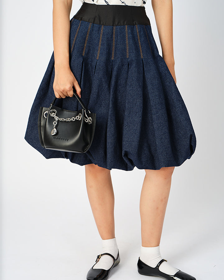 Millie Box-Pleated Denim Skirt